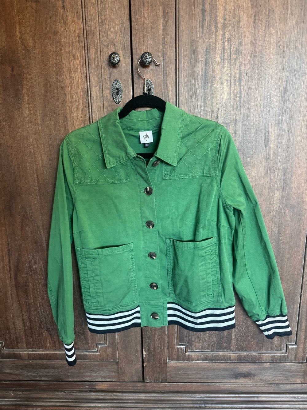 CAbi Green Bomber Jacket with Striped Ribbed Hem